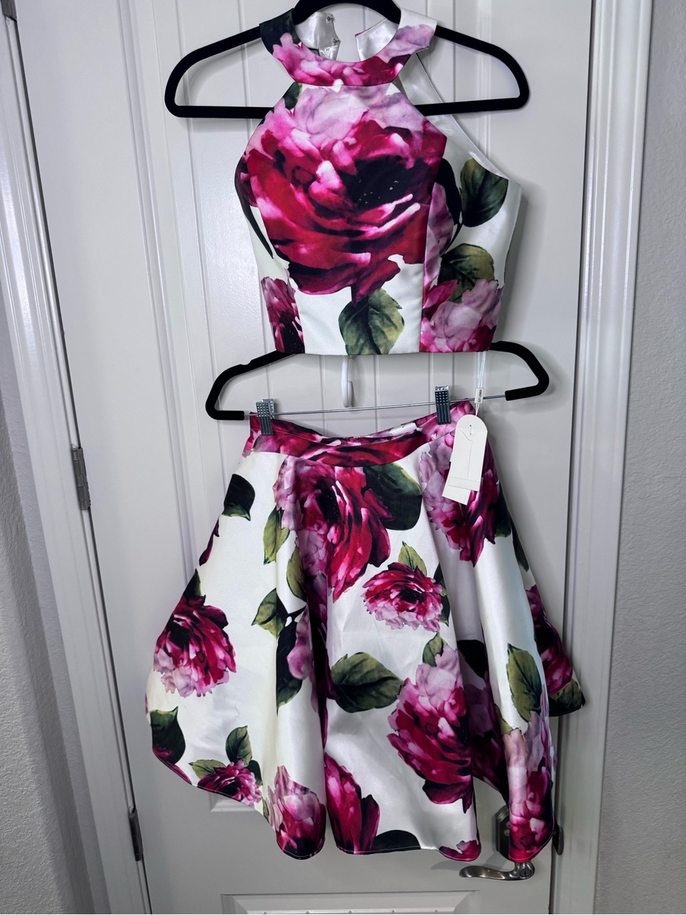NWT Ivory Floral Two-Piece Special Occasion Set | Halter Crop Top & Full Skater